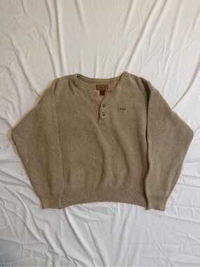 BMW Gear For Sports Men’s L Beige Cotton Henley Sweater Embroidered Logo Knit